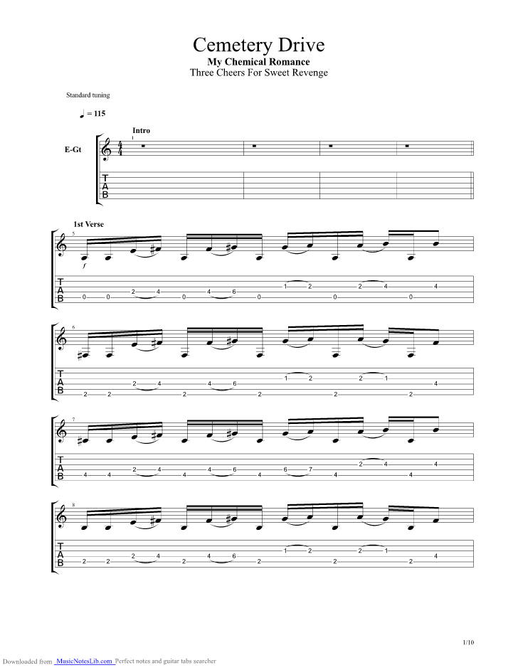 Cemetery Drive guitar pro tab by My Chemical Romance . from musicnoteslib.c...