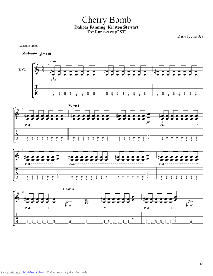 praktiseret absorption Flad Dakota Fanning - Cherry Bomb guitar pro tab by Misc Soundtrack @  musicnoteslib.com