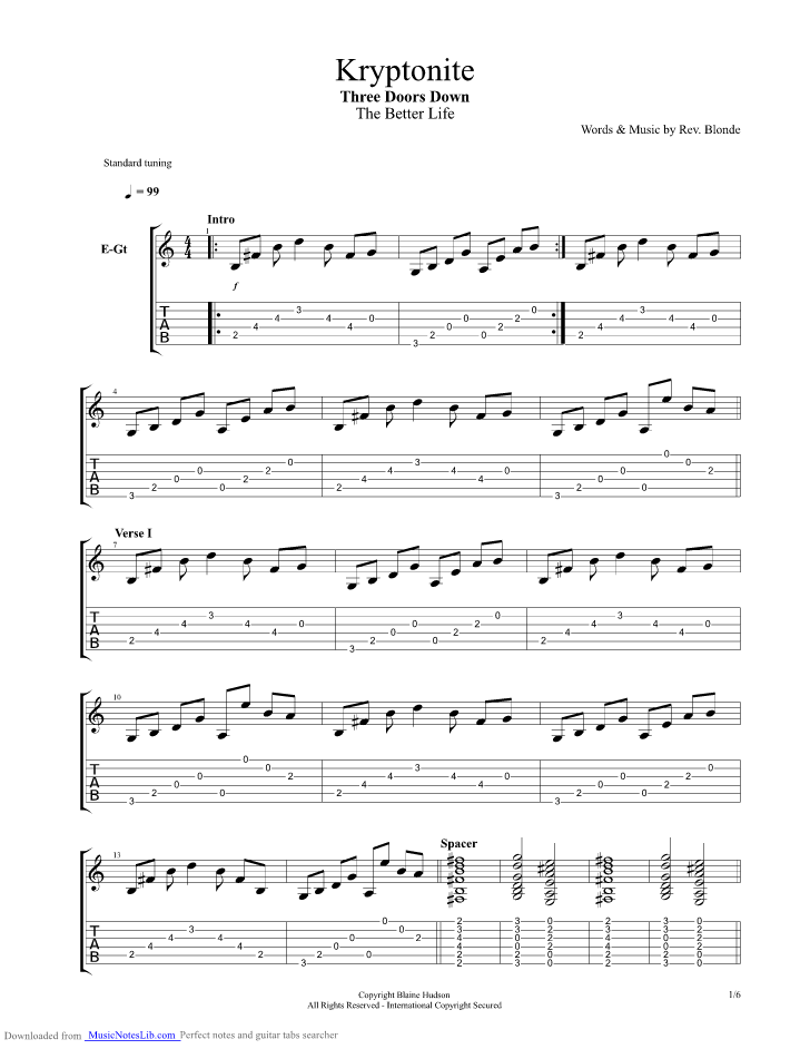 Kryptonite guitar pro tab by 3 Doors Down