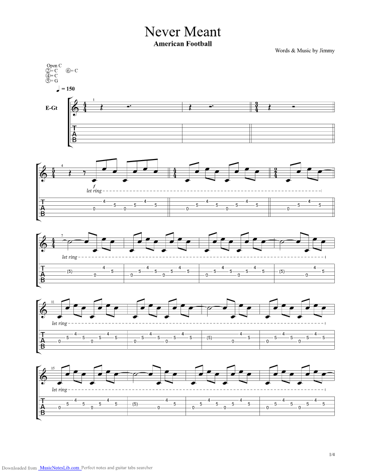 Never Meant guitar pro tab by American Football @ musicnoteslib.com