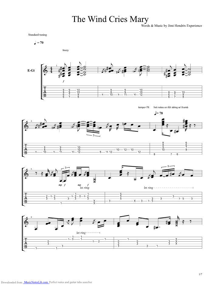 The Wind Cries Mary Guitar Pro Tab By Jimi Hendrix @ Musicnoteslib.com