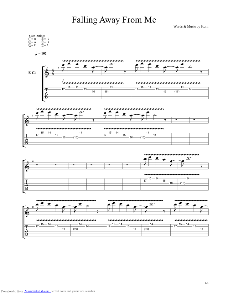 Falling Away From Me guitar pro tab by Korn @ musicnoteslib.com
