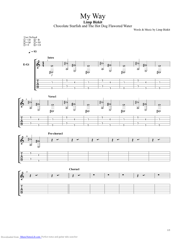 My Way guitar pro tab by Limp Bizkit @ musicnoteslib.com