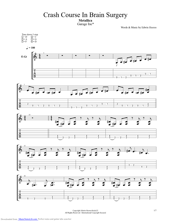 Crash Course In Brain Surgery guitar pro tab by Metallica