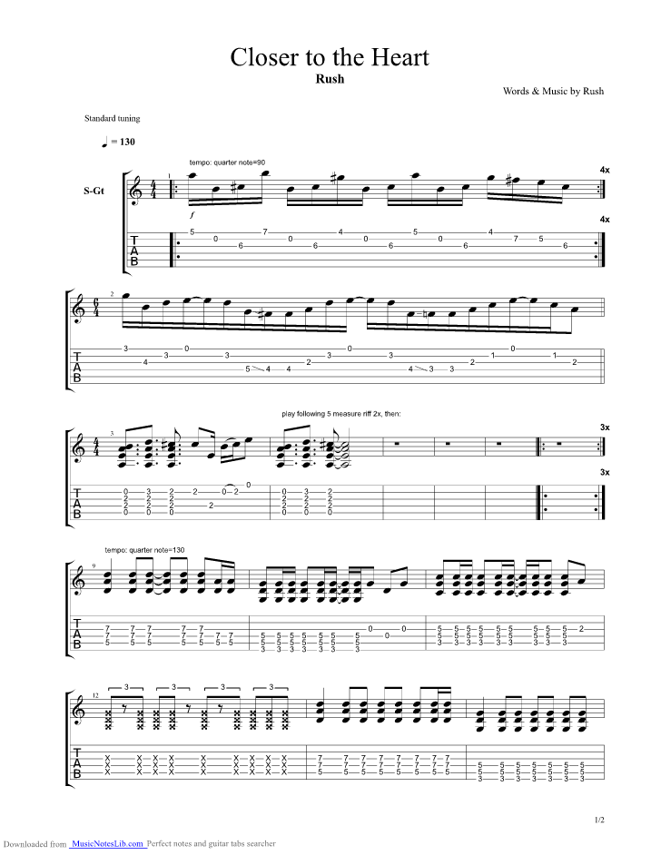 Closer to the Heart guitar pro tab by Rush