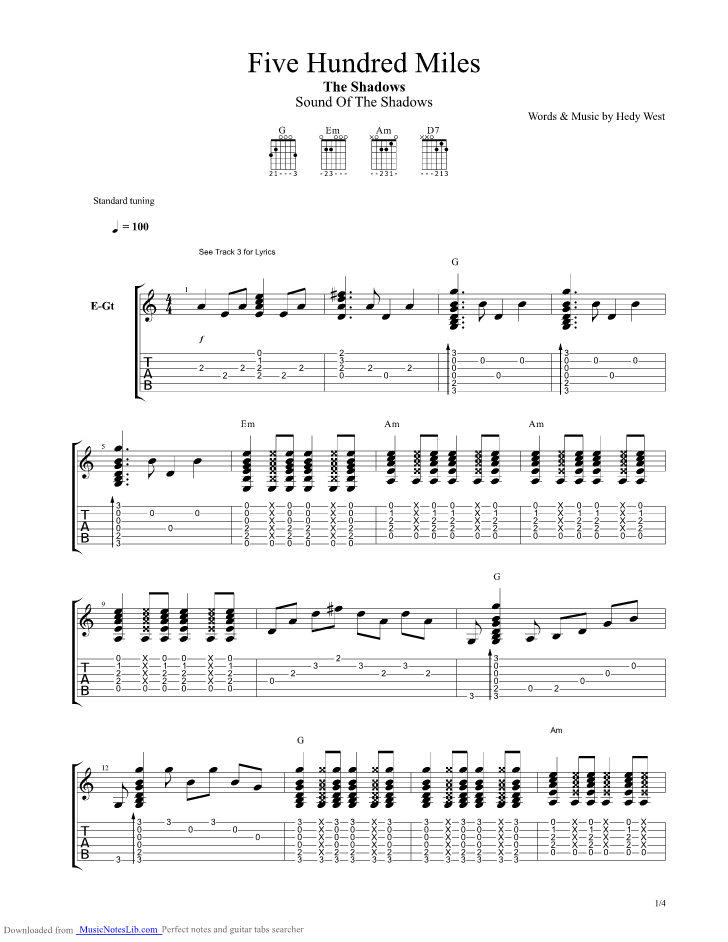 Five Hundred Miles Guitar Pro Tab By The Shadows Musicnoteslib Com Five hundred miles 4/4 brothers four peter paul and mary standard tuning no capo transcribed by ken lee intro: musicnoteslib com