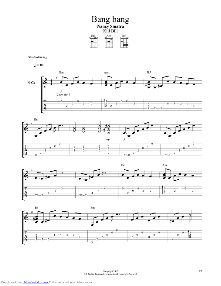 Bang Bang Guitar Pro Tab By Nancy Sinatra Musicnoteslib Com