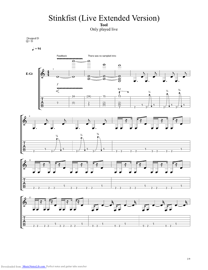 Stinkfist Live Extended Version guitar pro tab by Tool. musicnoteslib.com. 