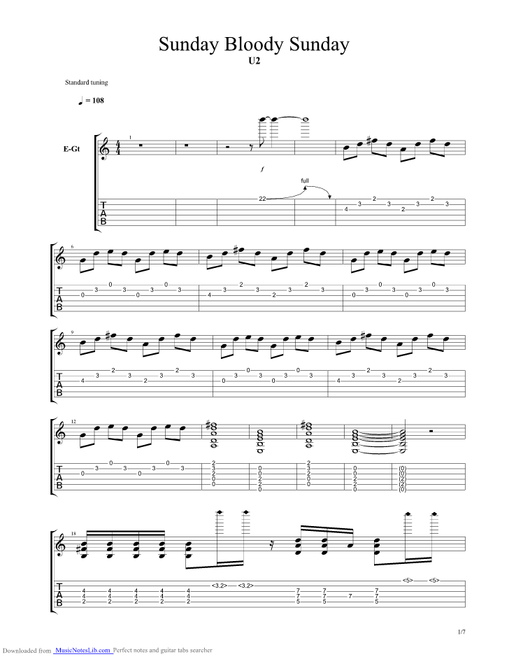 Sunday bloody sunday guitar pro tab by U2 @ musicnoteslib.com