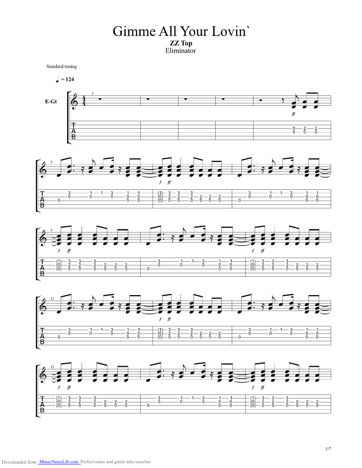 All Your Lovin guitar pro tab by ZZ Top @ musicnoteslib.com