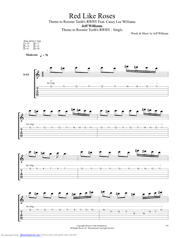 Jeff - Red Like Roses Rwby Theme guitar tab by Misc Unsigned Bands @ musicnoteslib.com