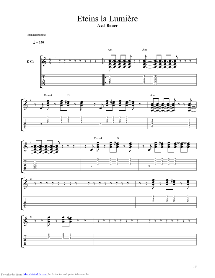 Eteins La Lumire Guitar Pro Tab By Bauer Axel @ Musicnoteslib.com