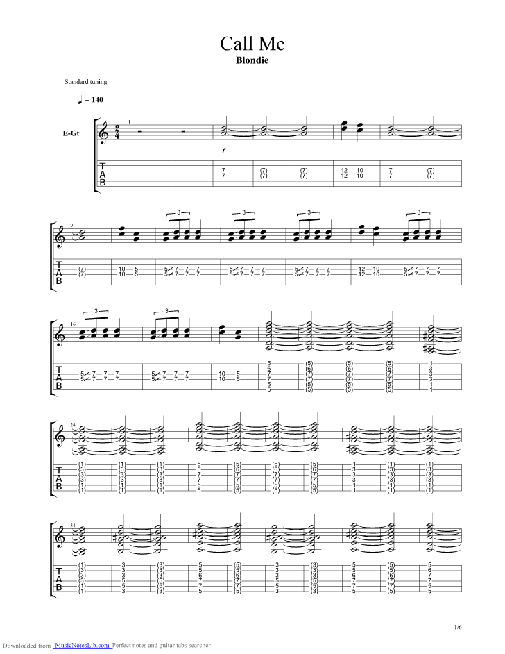 Call Me Guitar Pro Tab By Blondie @ Musicnoteslib.com