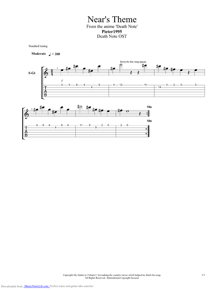 Nears theme guitar pro tab by Death Note @ musicnoteslib.com.