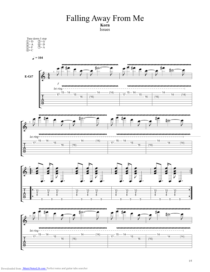 Falling Away From Me guitar pro tab by Korn @ musicnoteslib.com