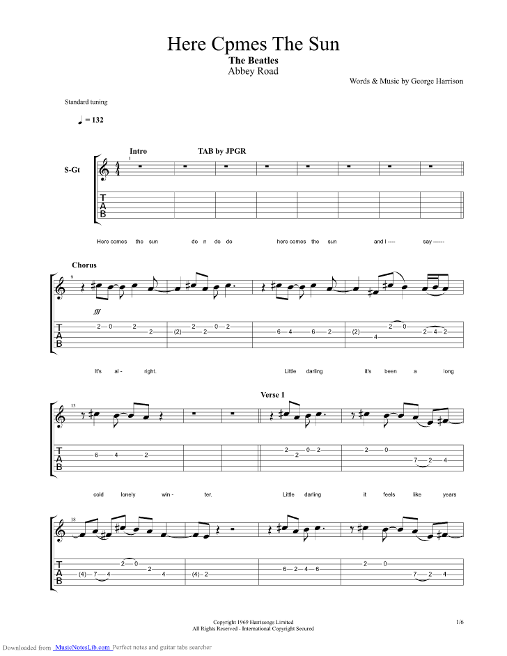 Here Comes The Sun Guitar Pro Tab By Beatles Musicnoteslib