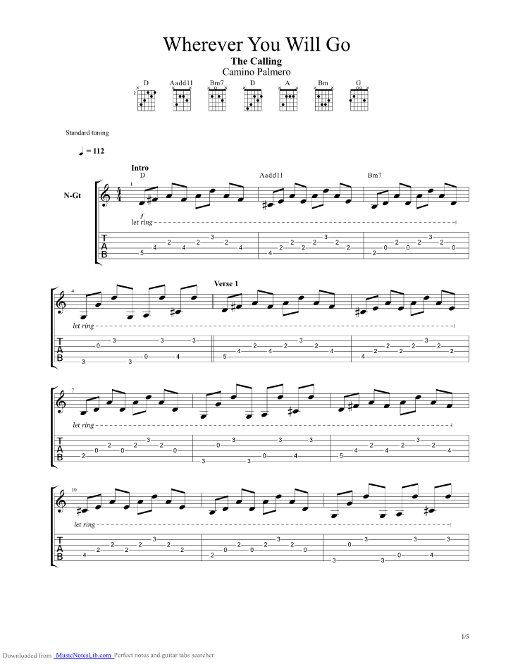 Wherever You Will Go Guitar Pro Tab By The Calling @ Musicnoteslib.com