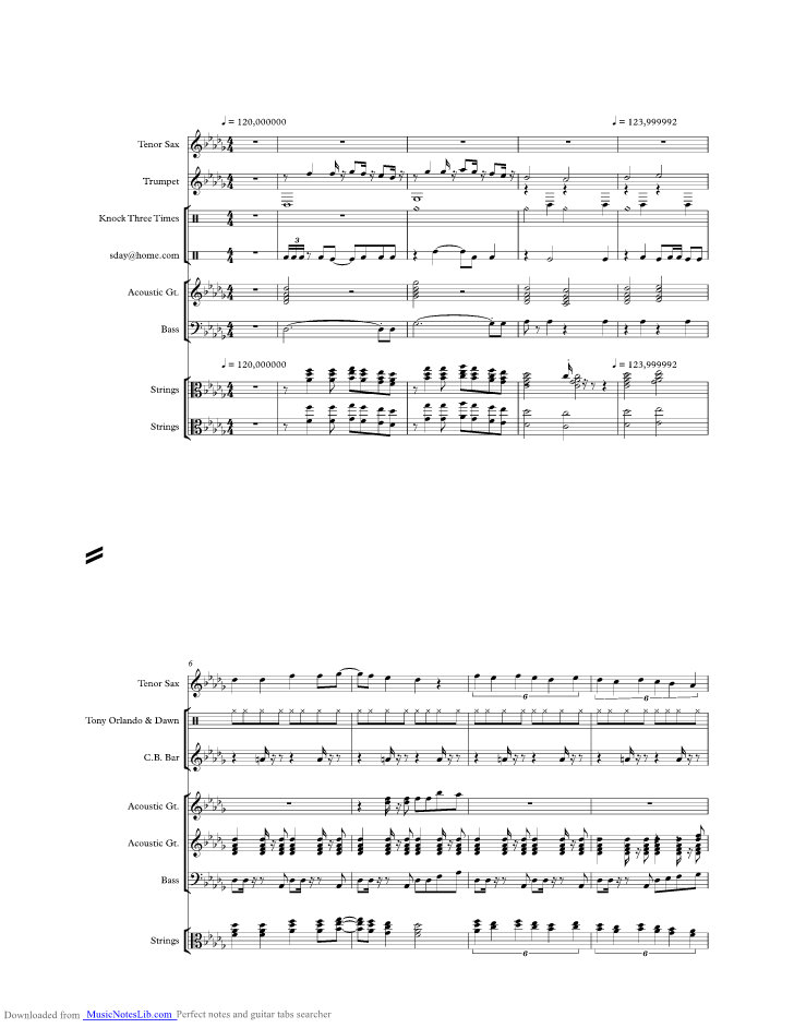 Knock Three Times music sheet and notes by Unknown @ musicnoteslib.com