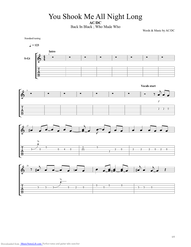 You shook me all night long guitar pro tab by AC DC @ musicnoteslib.com