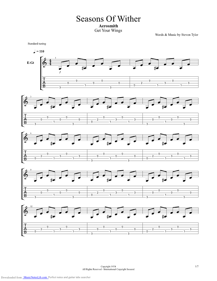 Seasons of Wither guitar pro tab by Aerosmith @ musicnoteslib.com