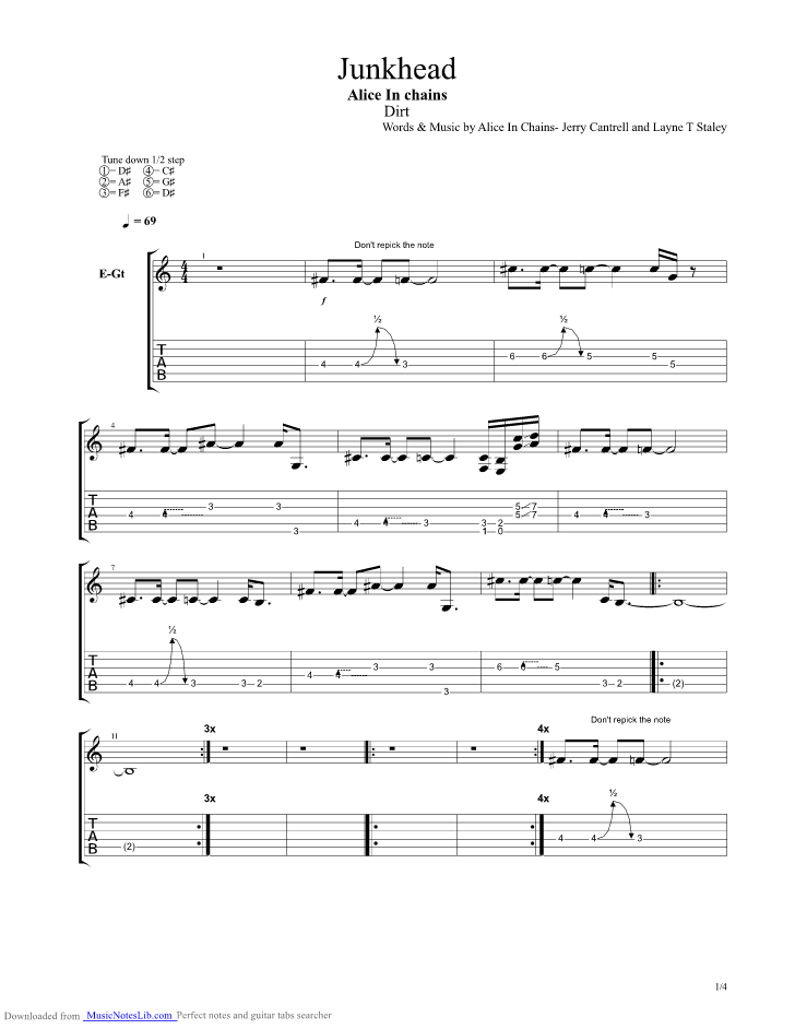 Junkhead guitar pro tab by Alice In Chains @ musicnoteslib.com