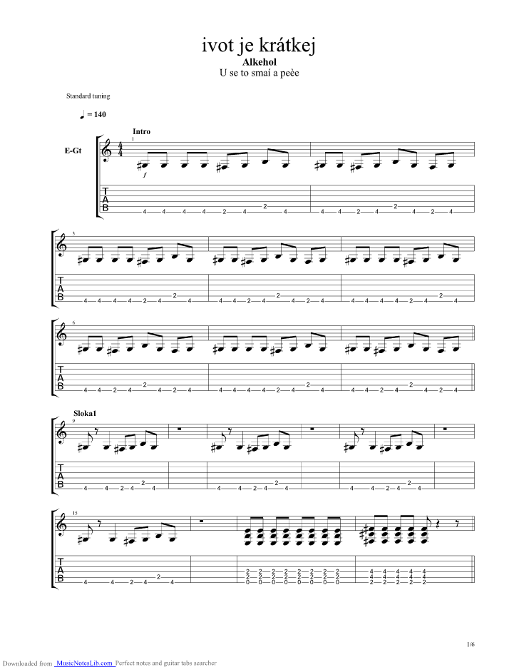 Zivot Je Kratkej guitar pro tab by Alkehol @ musicnoteslib.com