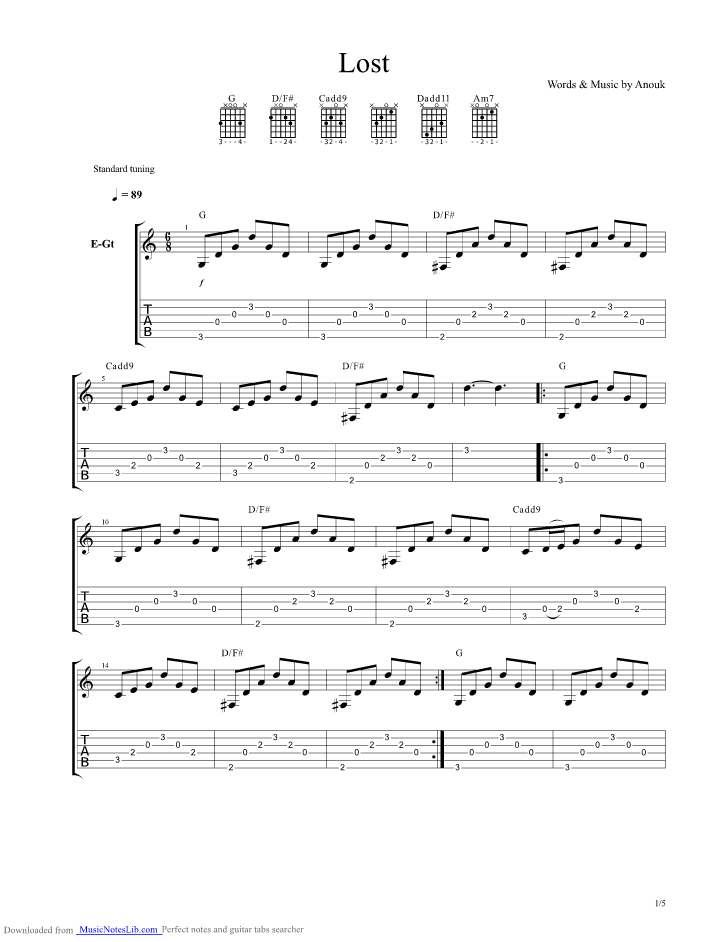 Lost guitar pro tab by Anouk @ musicnoteslib.com