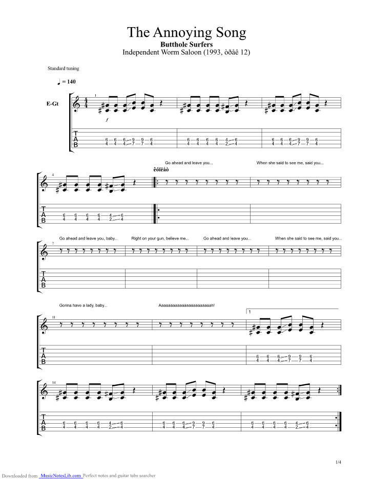The Annoying Song guitar pro tab by Butthole Surfers @ musicnoteslib.com