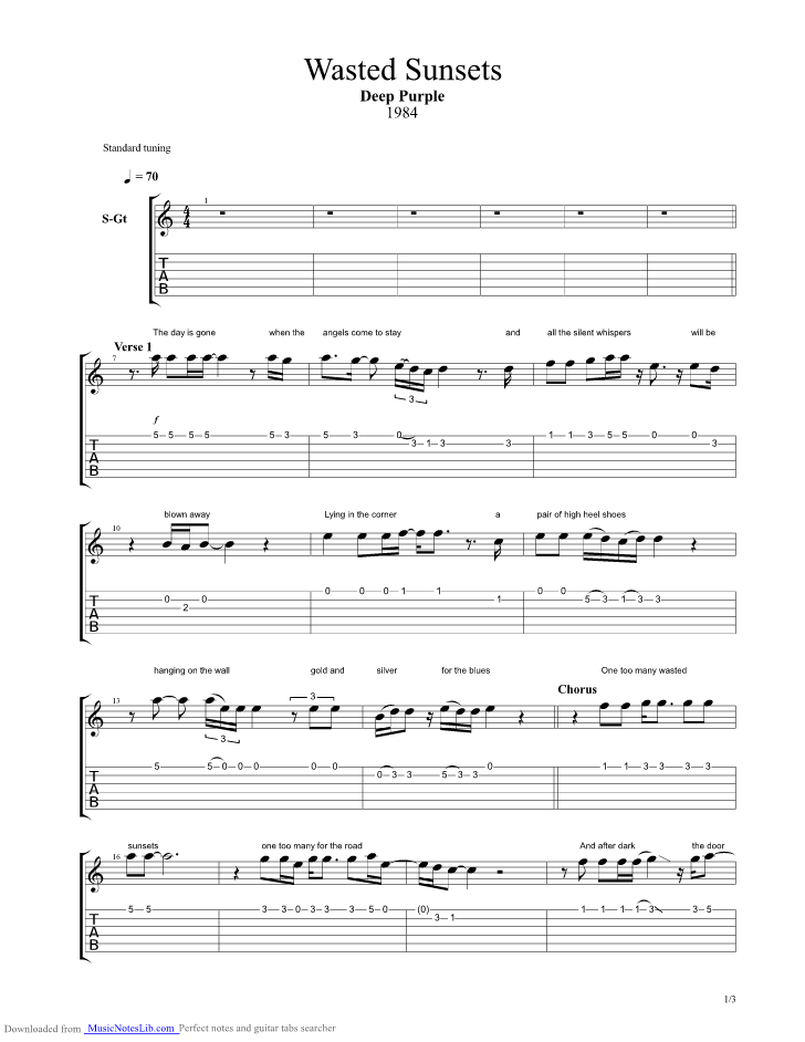 Wasted Sunsets guitar pro tab by Deep Purple @ musicnoteslib.com