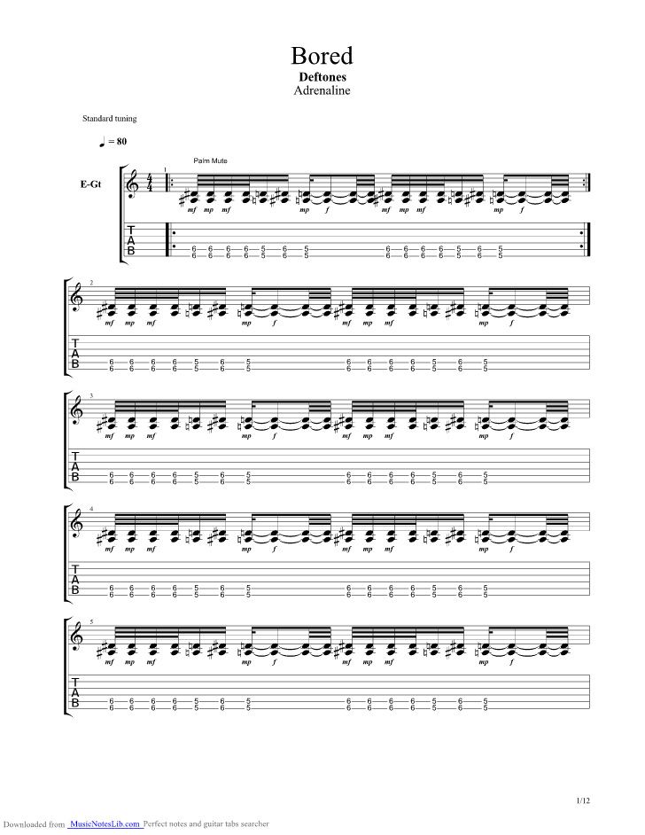 Bored guitar pro tab by Deftones @ musicnoteslib.com