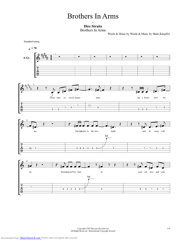 Brothers In Arms guitar pro tab by Dire Straits @ musicnoteslib.com