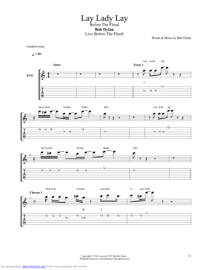 Lay Lady Lay before the flood guitar pro tab by Bob Dylan ...