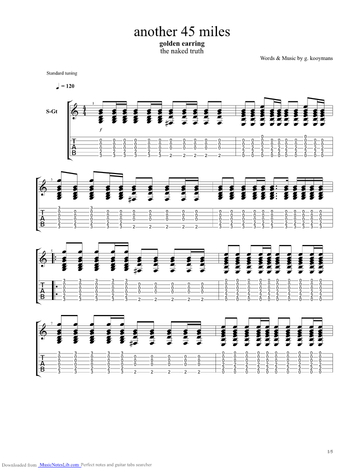 Another 45 Miles guitar pro tab by Golden Earring @ 