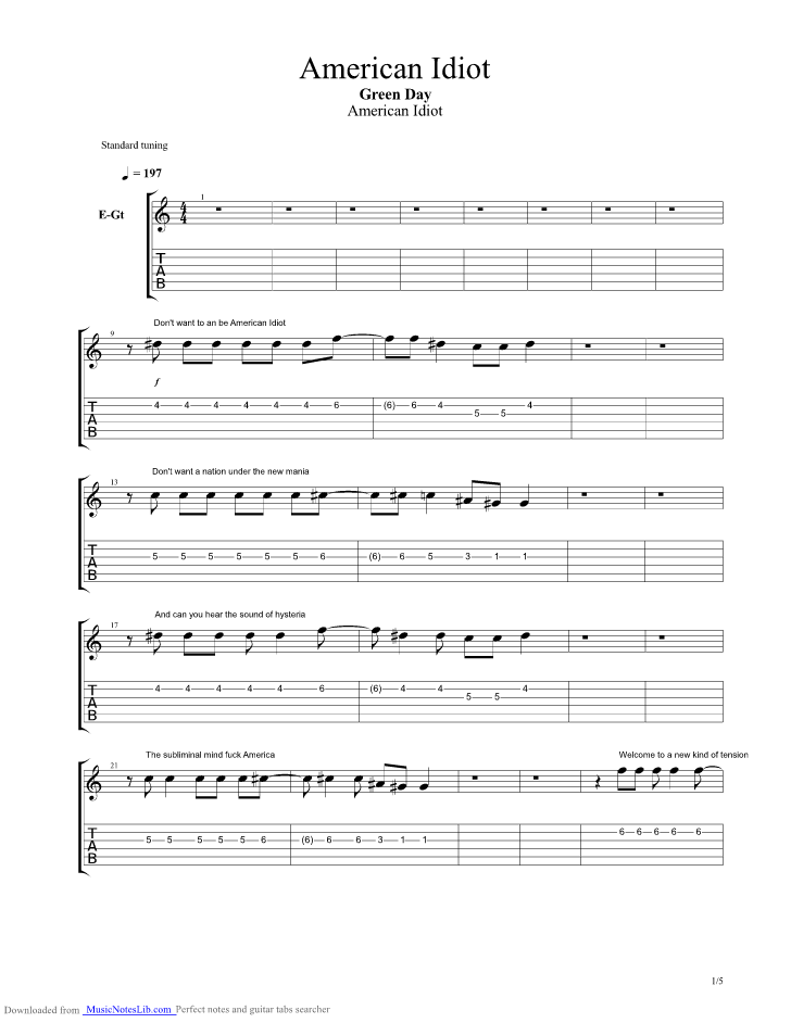 American Idiot guitar pro tab by Green Day @ musicnoteslib.com