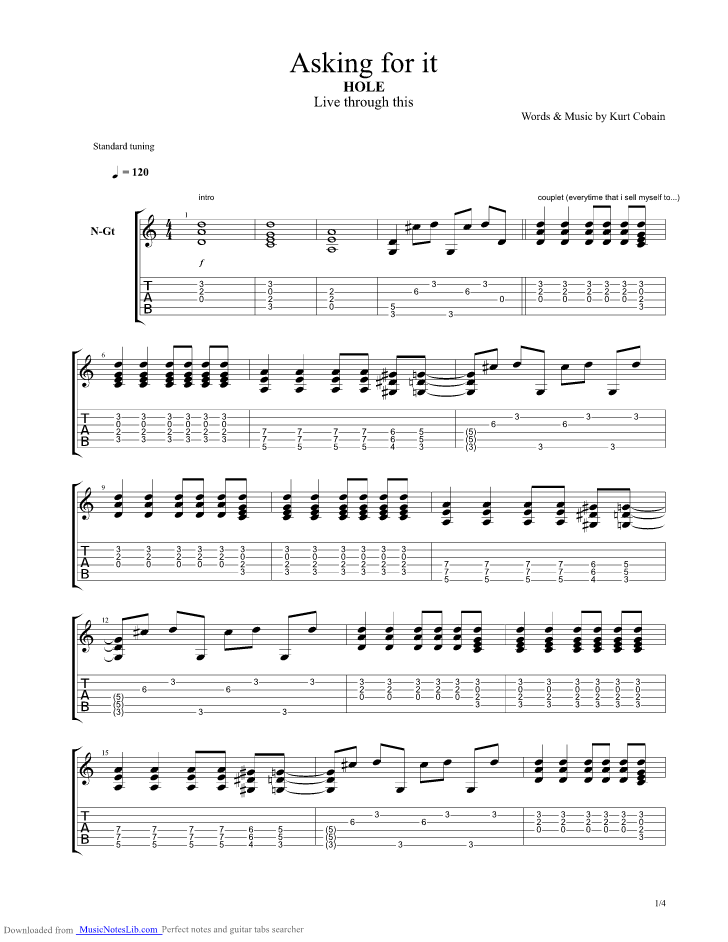 Asking For It guitar pro tab by Hole @ musicnoteslib.com