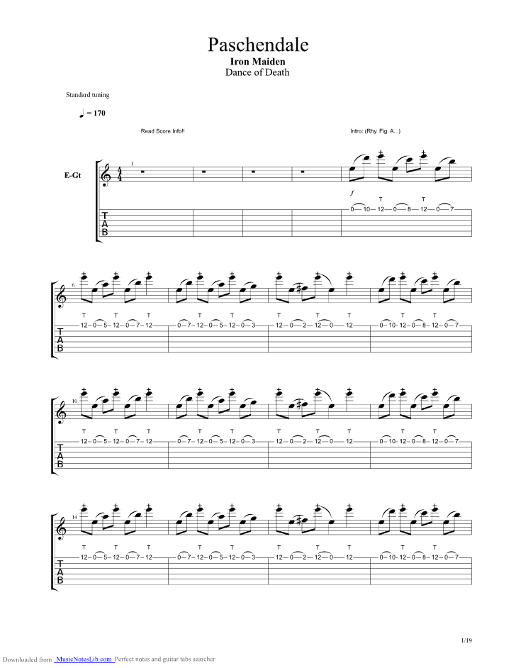 Paschendale guitar pro tab by Iron Maiden @ musicnoteslib.com