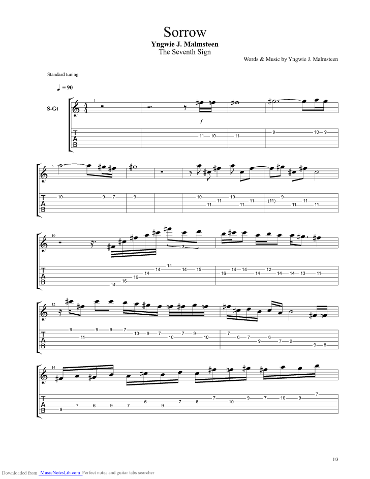 Sorrow guitar pro tab by Malmsteen Yngwie @ musicnoteslib.com