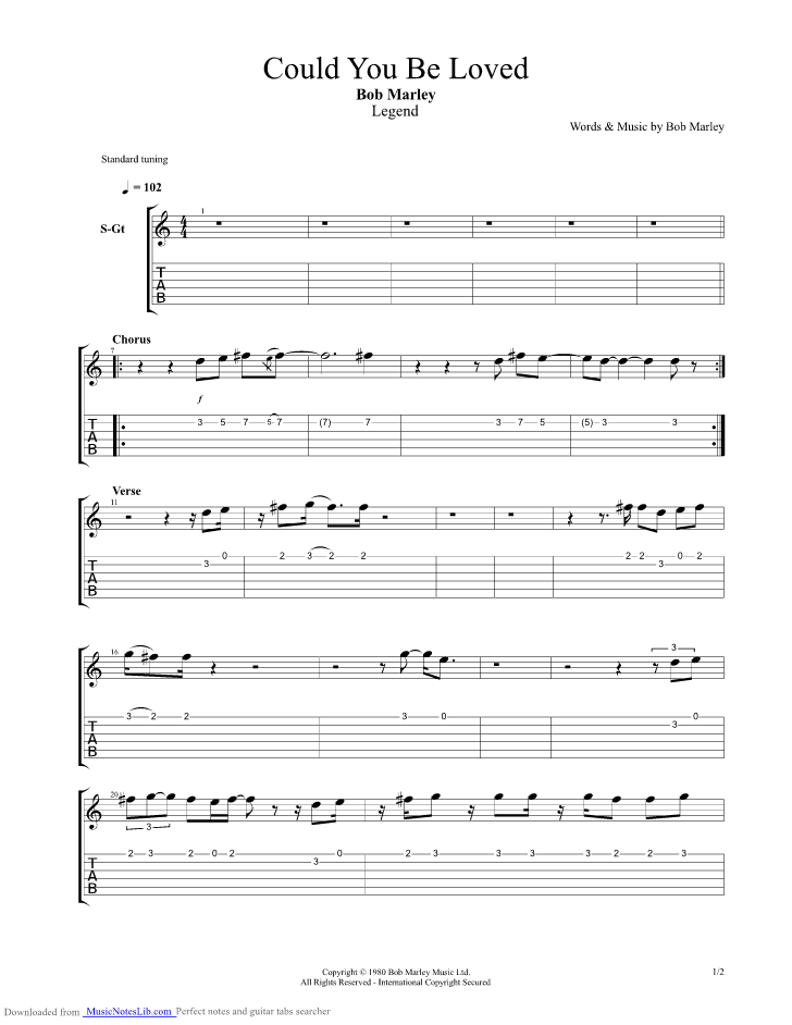 Could You Be Loved guitar pro tab by Bob Marley @ musicnoteslib.com