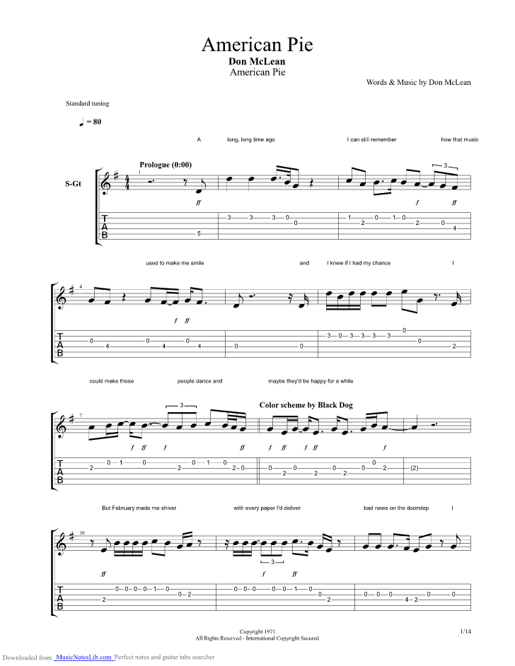 American Pie guitar pro tab by Don McLean @ musicnoteslib.com