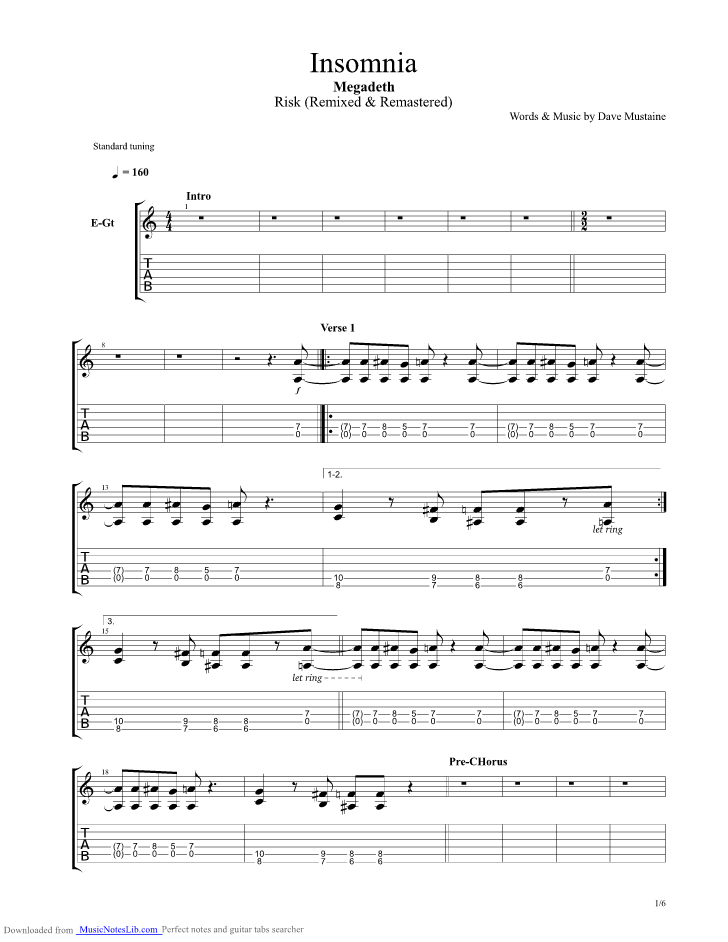 Insomnia guitar pro tab by Megadeth @ musicnoteslib.com