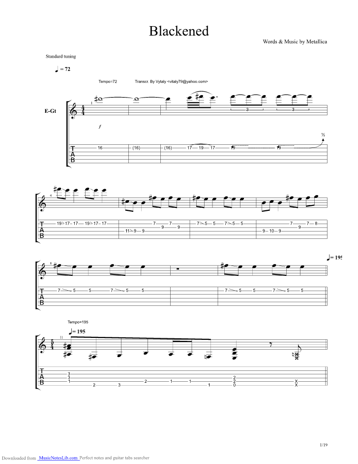 Blackened guitar pro tab by Metallica @ musicnoteslib.com