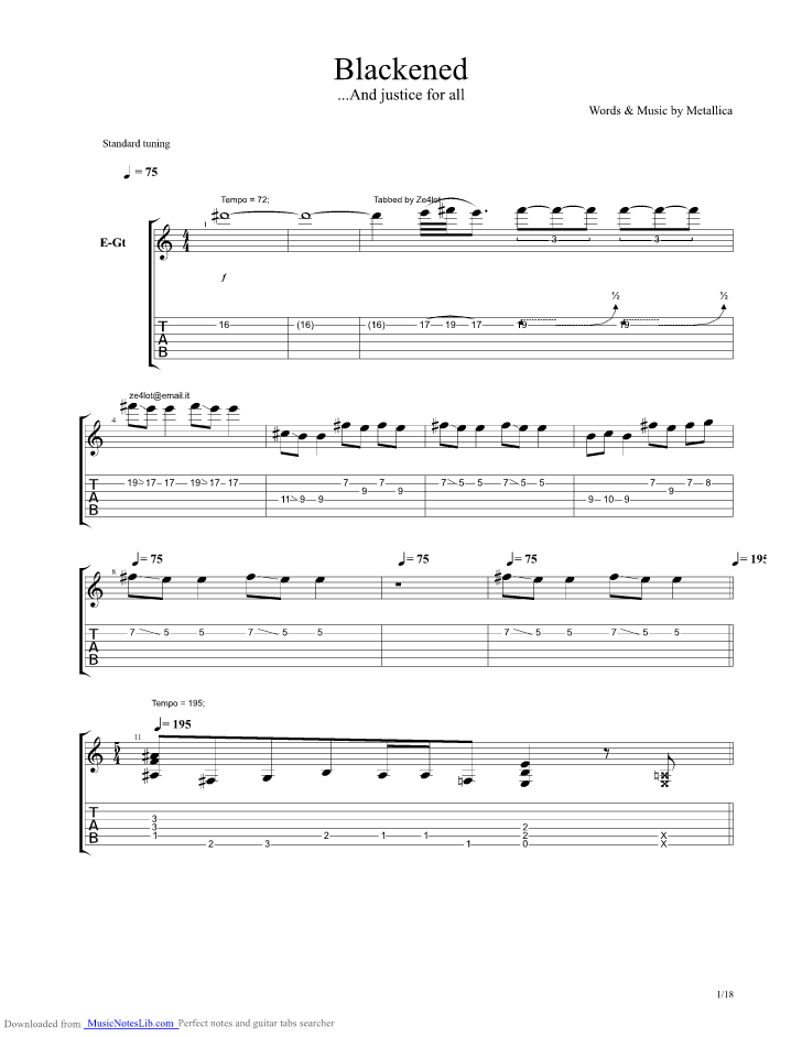 Blackened guitar pro tab by Metallica @ musicnoteslib.com