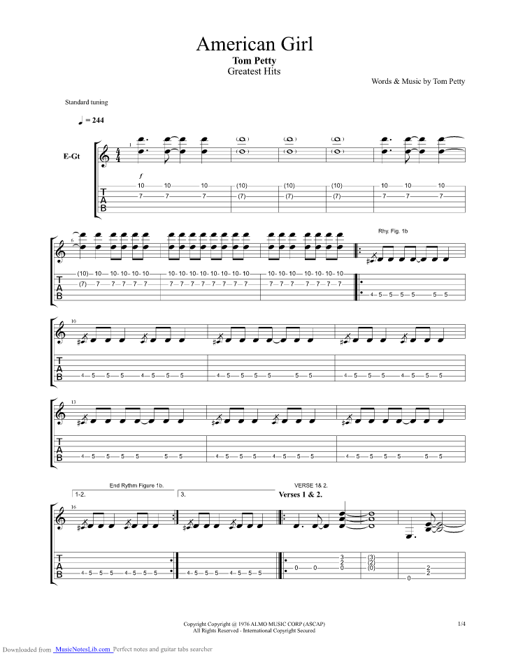 American Girl guitar pro tab by Tom Petty @ musicnoteslib.com