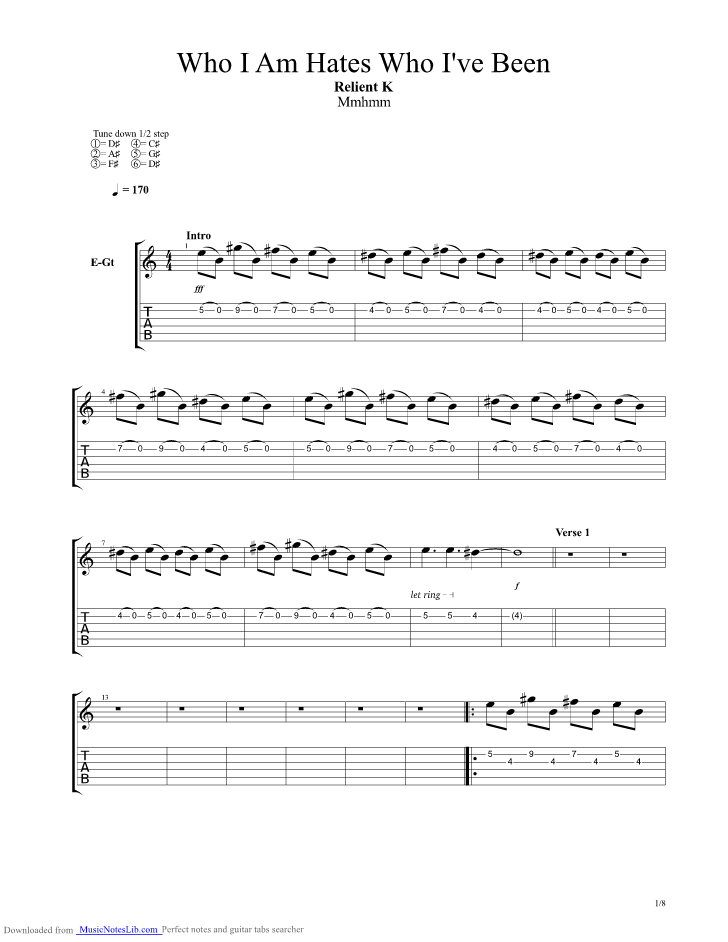Who I Am Hates Who Ive Been guitar pro tab by Relient K @ musicnoteslib.com
