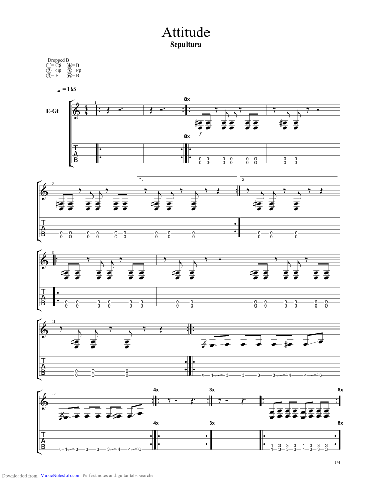 Attitude guitar pro tab by Sepultura @ musicnoteslib.com