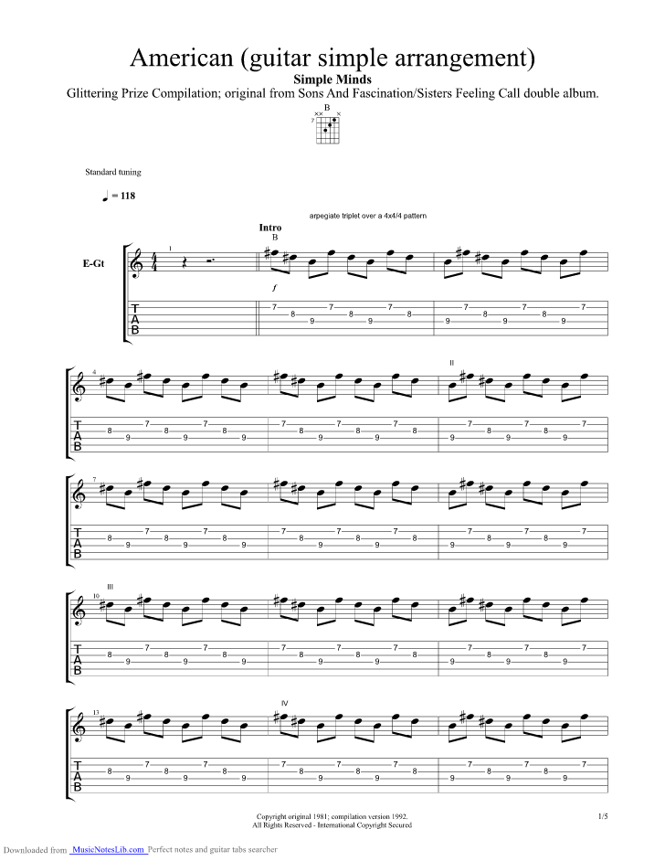 American guitar pro tab by Simple Minds @ musicnoteslib.com