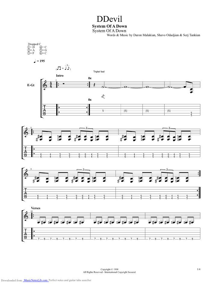 Ddevil guitar pro tab by System of a down @ musicnoteslib.com