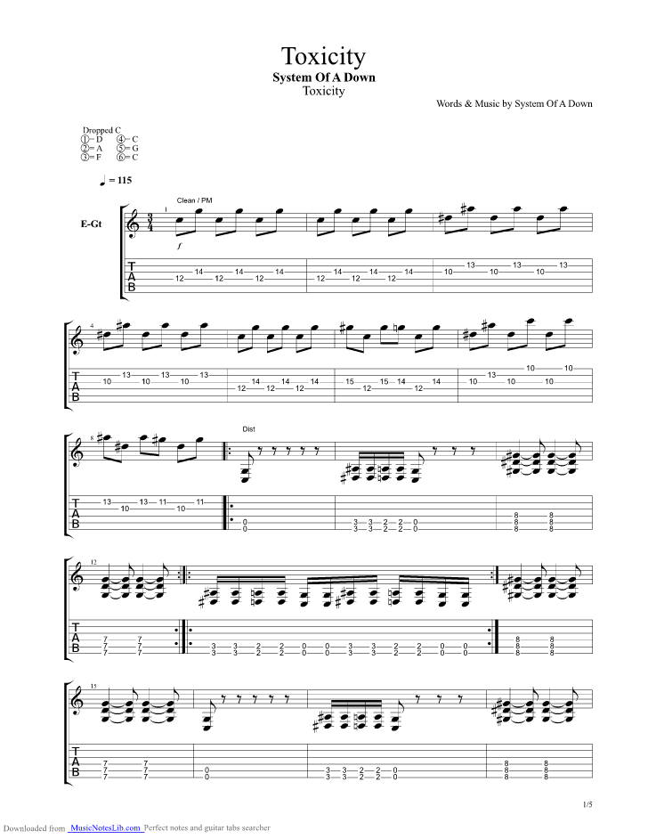 Toxicity guitar pro tab by System of a down @ musicnoteslib.com