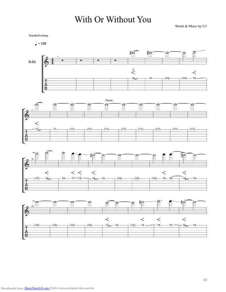 With Or Without You guitar pro tab by U2 @ musicnoteslib.com