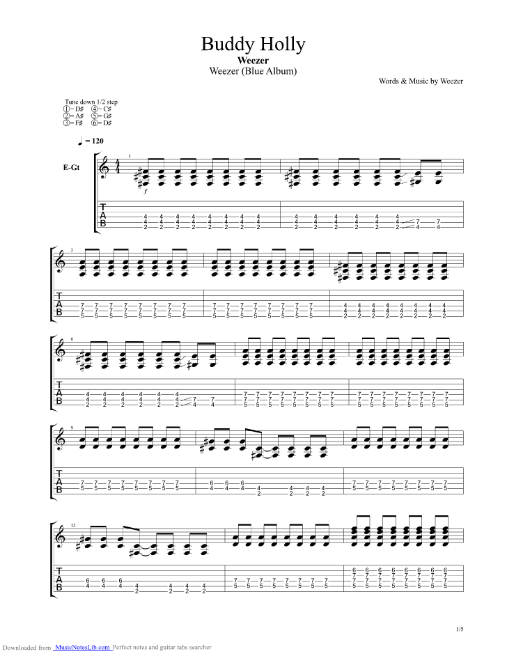 Buddy Holly guitar pro tab by Weezer @ musicnoteslib.com